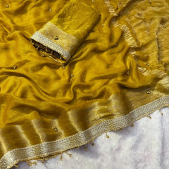 Mustard Yellow saree ghungroo bells and lace border close view