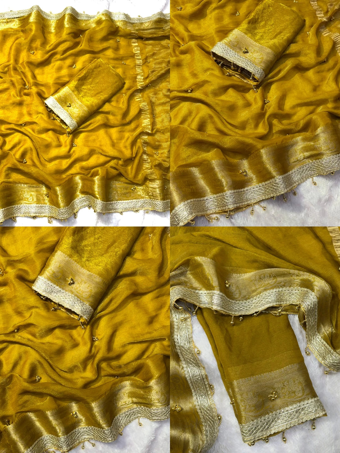 Mustard Yellow Ghungroo Work with Fancy Moti Lace Saree detail views