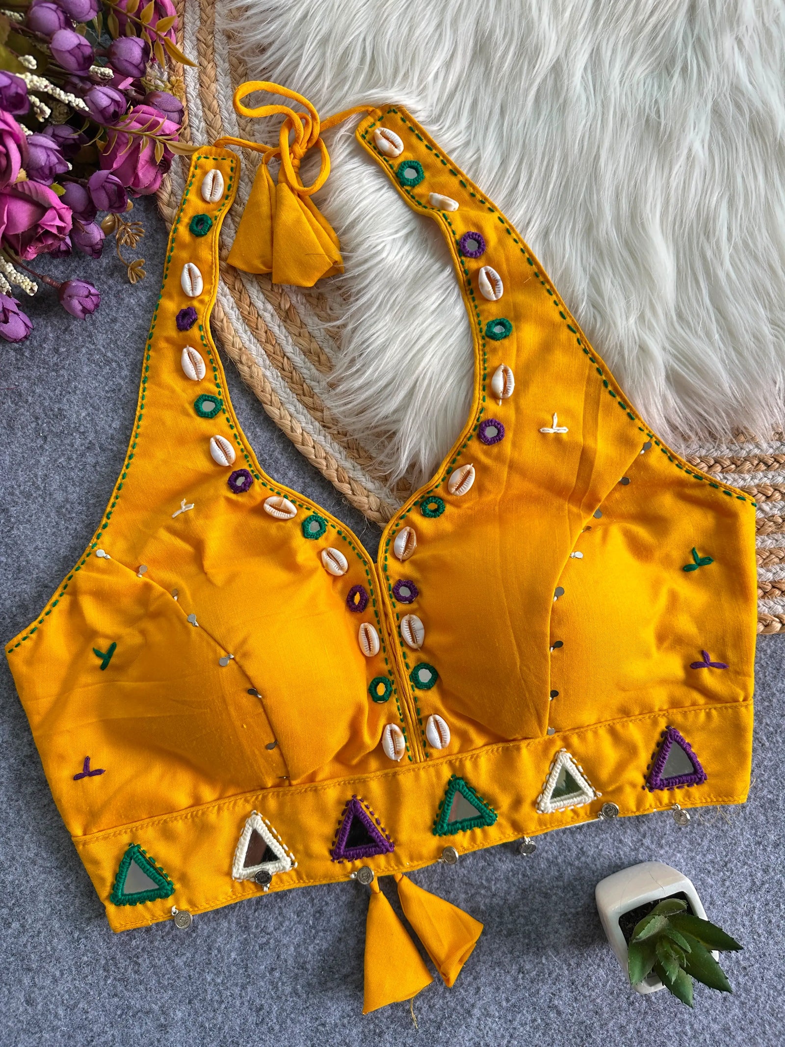 Mustard Yellow Handwork Mirror Work Blouse front view – V-neck cowrie shells mirrors KB43 Kalyanja