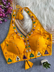 Mustard Yellow Handwork Mirror Work Blouse front view – V-neck cowrie shells mirrors KB43 Kalyanja