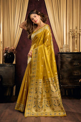Mustard Yellow Tissue Silk Saree model drape – KS380