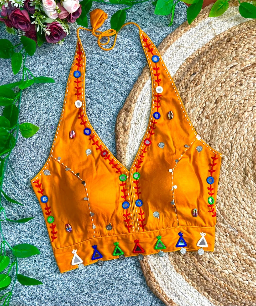 Mustard Yellow Multi Thread with Mirror Work Blouse – Kalyanja KB44