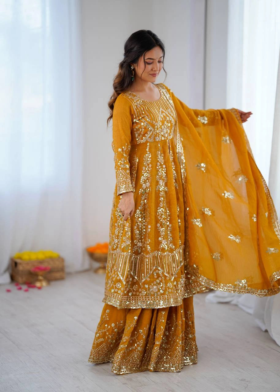 Mustard Yellow Sequins Embroidered Lehenga full view – KL183 Kalyanja
