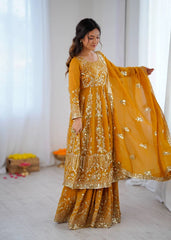 Mustard Yellow Sequins Embroidered Lehenga full view – KL183 Kalyanja