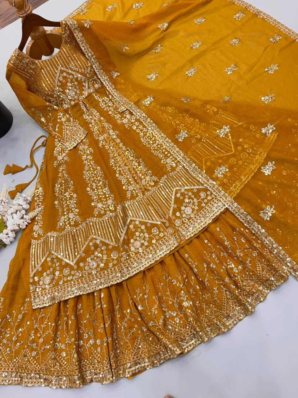 Mustard Yellow Lehenga flat lay product display – KL183 Kalyanja