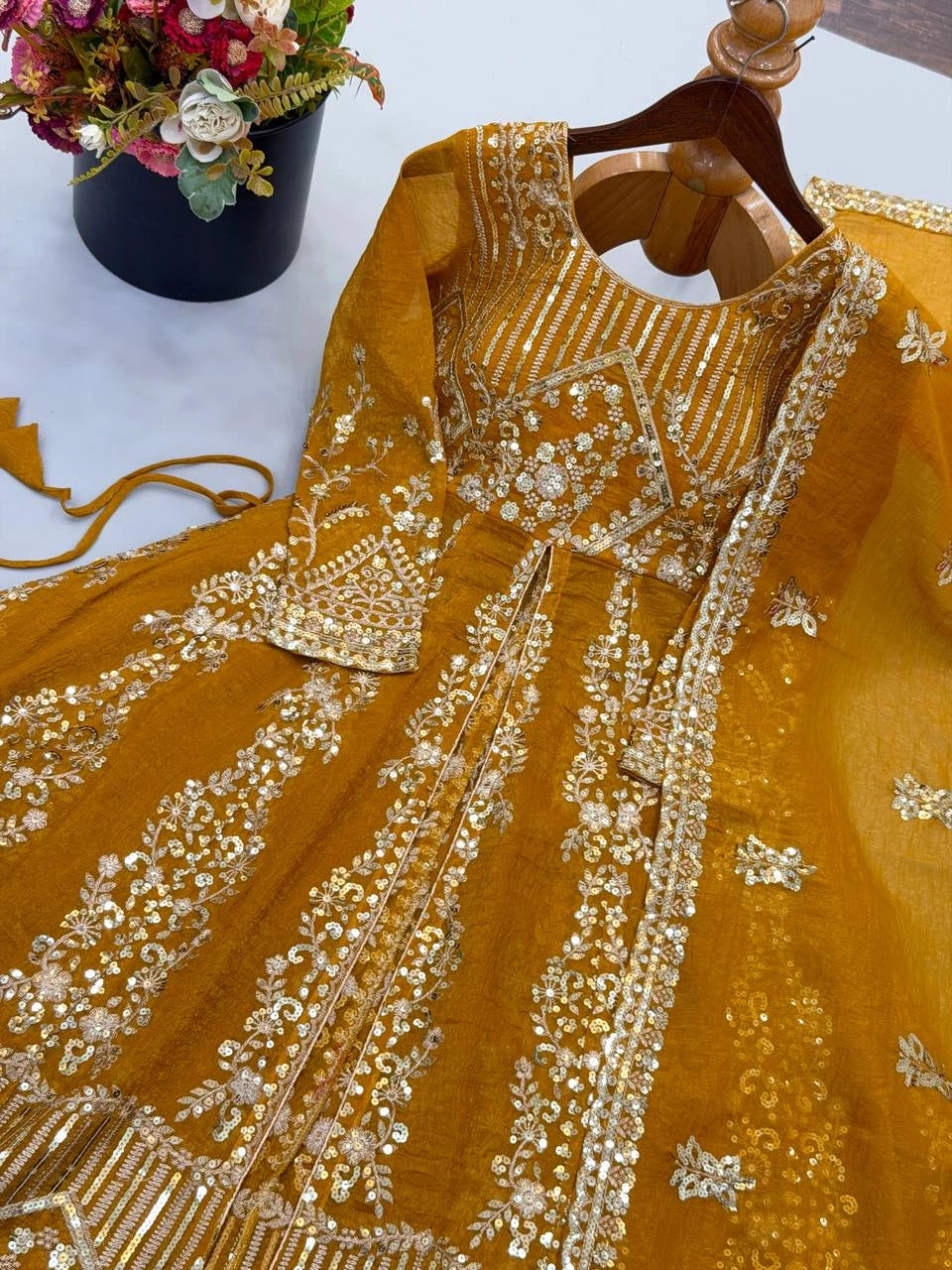 Mustard Yellow Sequins Choli hanger detail shot – KL183 Kalyanja