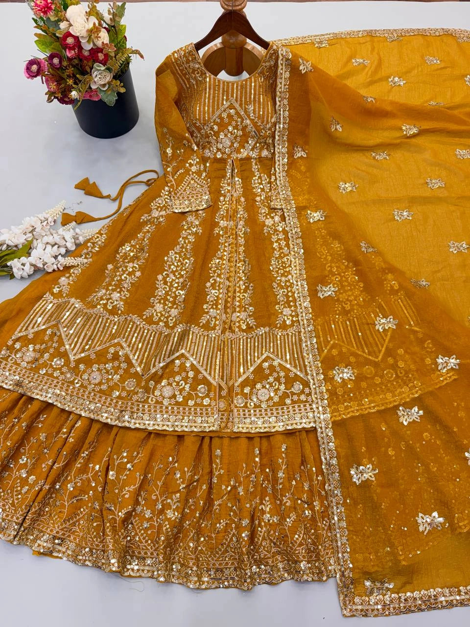 Mustard Yellow Crunchy Silk Lehenga product close-up – KL183 Kalyanja