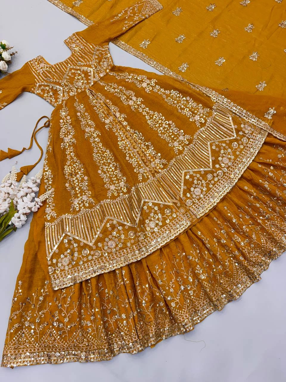 Mustard Yellow Lehenga complete set flat lay – KL183 Kalyanja