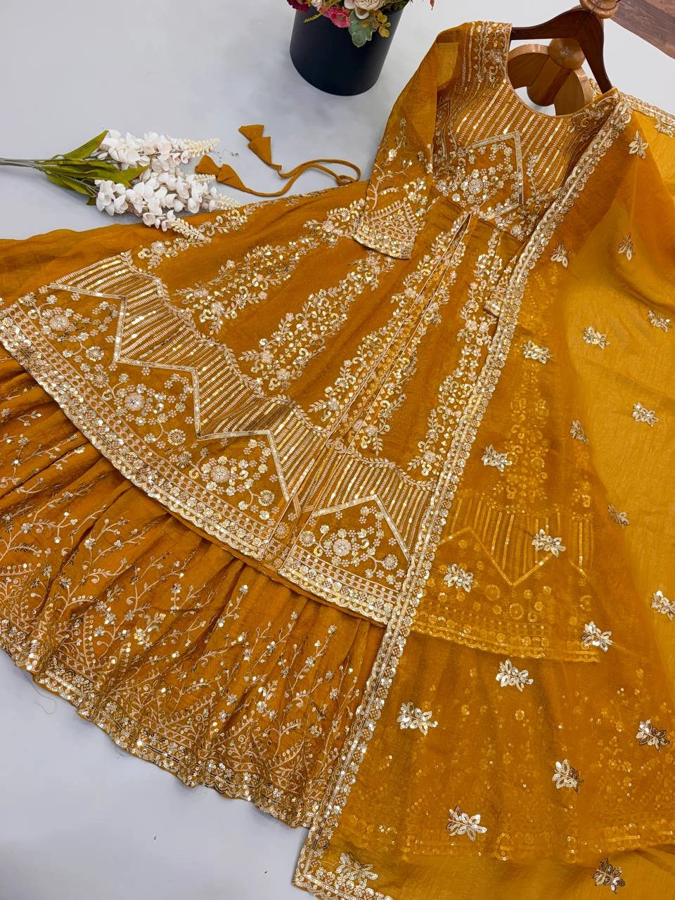 Mustard Yellow Sequins Embroidered Lehenga skirt detail – KL183 Kalyanja