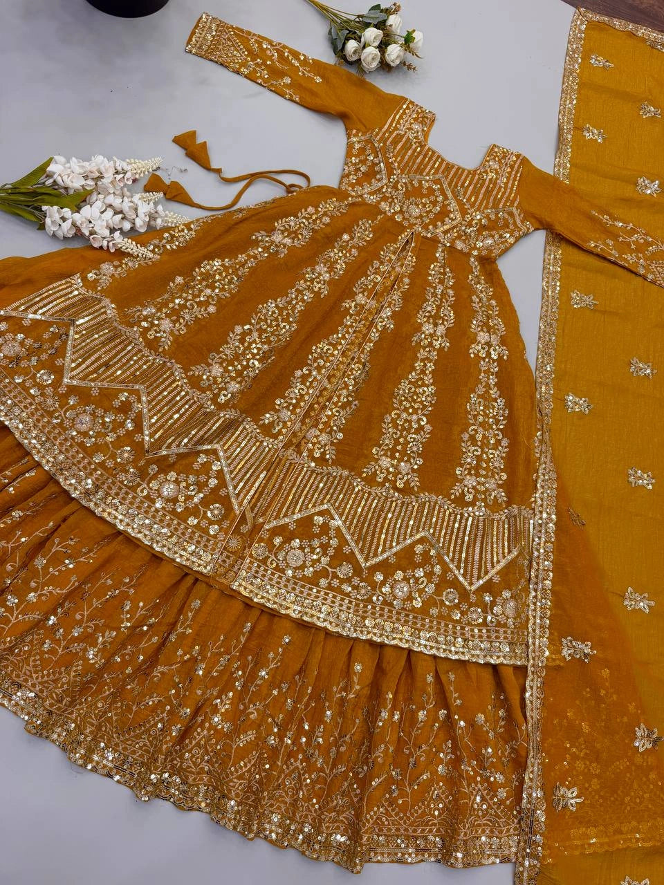 Mustard Yellow Lehenga dupatta embroidery detail – KL183 Kalyanja