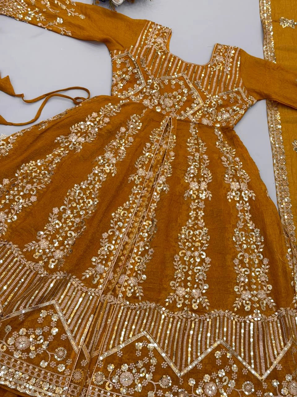 Mustard Yellow Crunchy Silk Sequins Lehenga product shot – KL183 Kalyanja