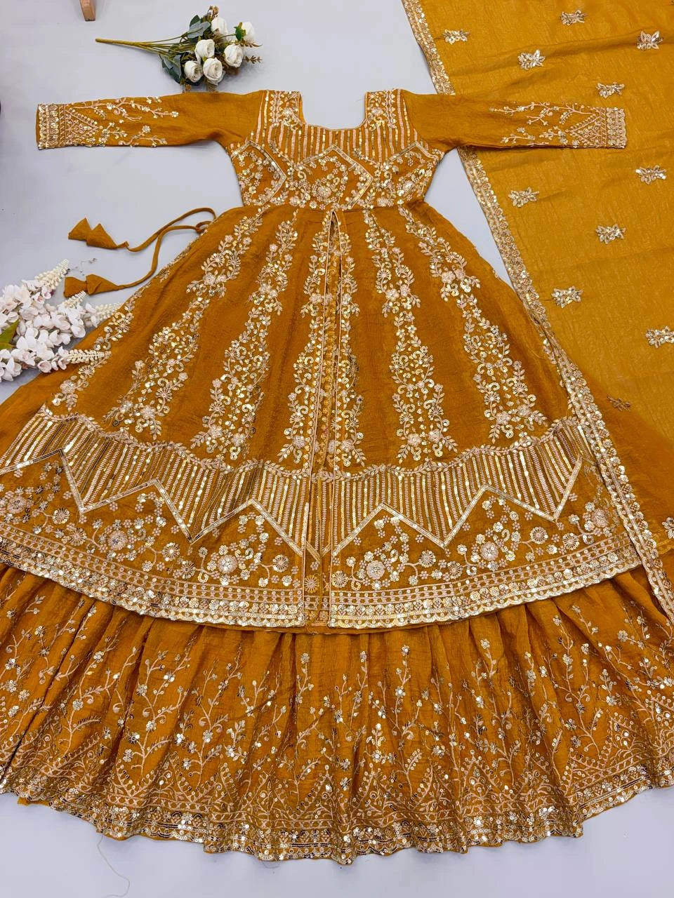Mustard Yellow Sequins Embroidered Lehenga border detail – KL183 Kalyanja