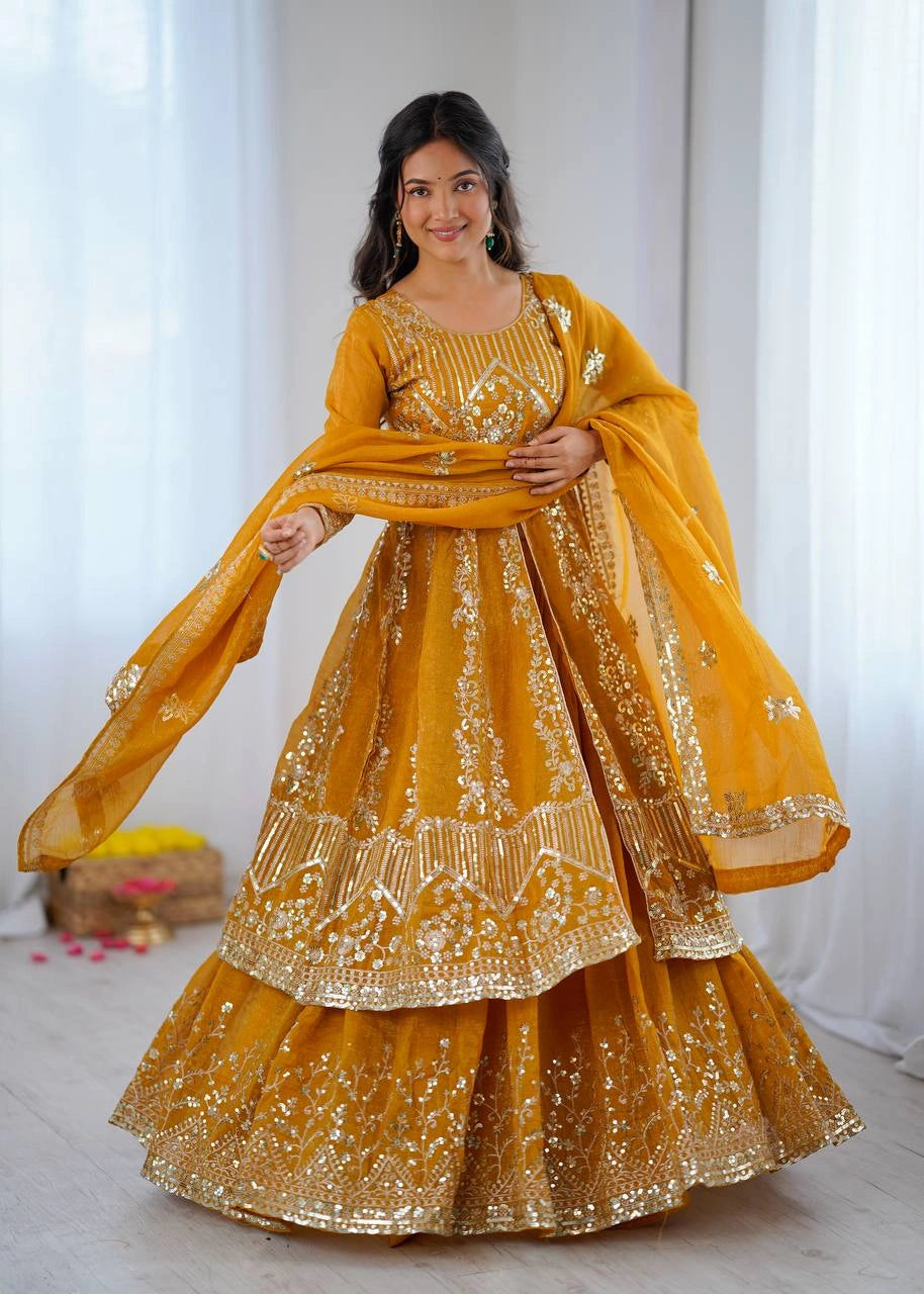 Mustard Yellow Sequins Embroidered Lehenga front hero shot – KL183 Kalyanja