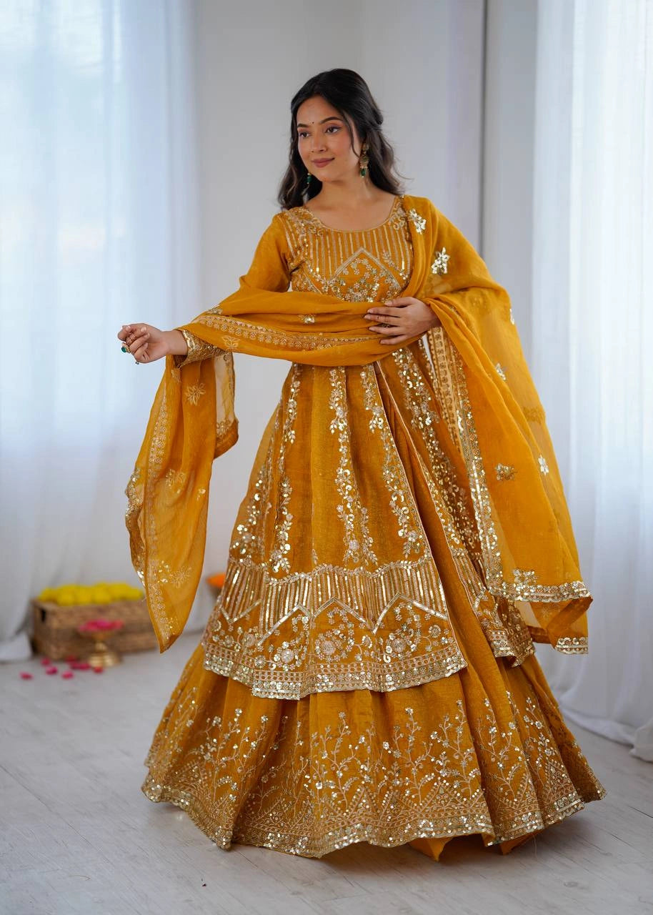 Mustard Yellow Sequins Lehenga full length with dupatta – KL183 Kalyanja