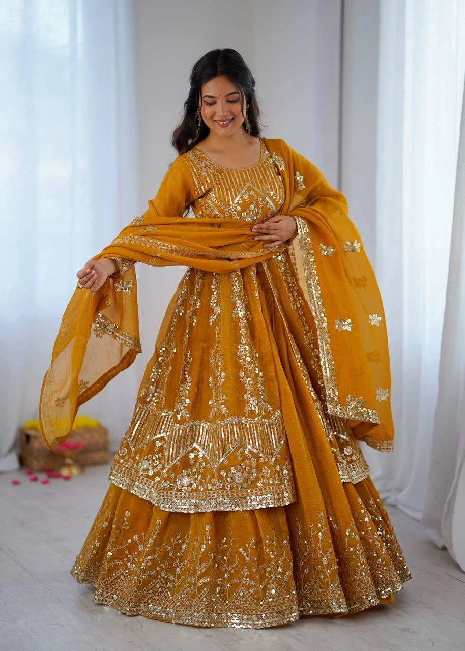 Mustard Yellow Crunchy Silk Lehenga standing front view – KL183 Kalyanja