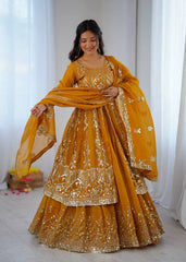 Mustard Yellow Crunchy Silk Lehenga standing front view – KL183 Kalyanja