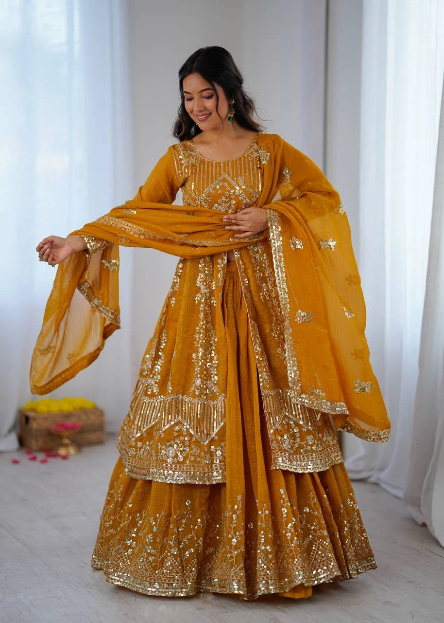 Mustard Yellow Lehenga 3M flair model pose – KL183 Kalyanja