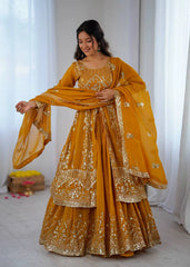 Mustard Yellow Lehenga 3M flair model pose – KL183 Kalyanja