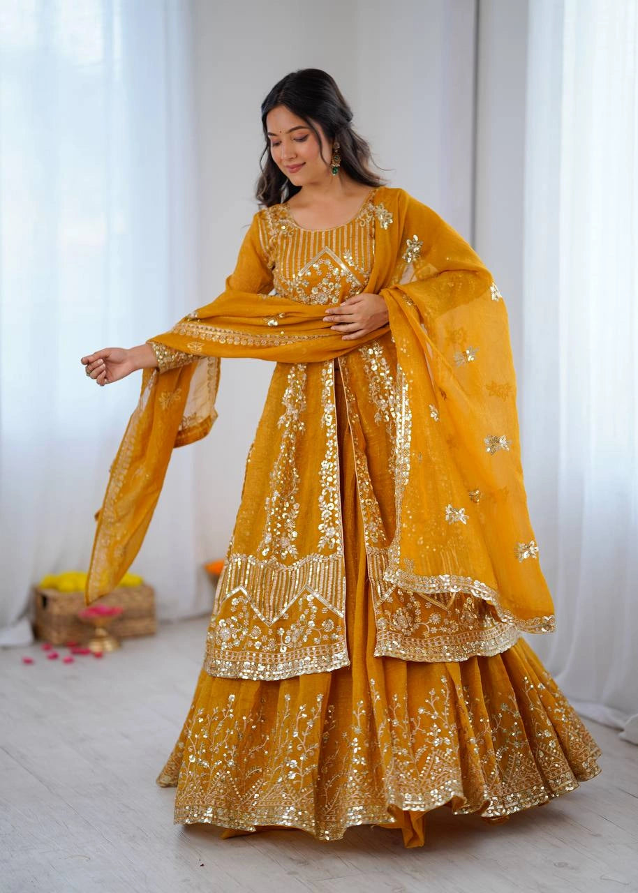 Mustard Yellow Sequins Lehenga side portrait view – KL183 Kalyanja
