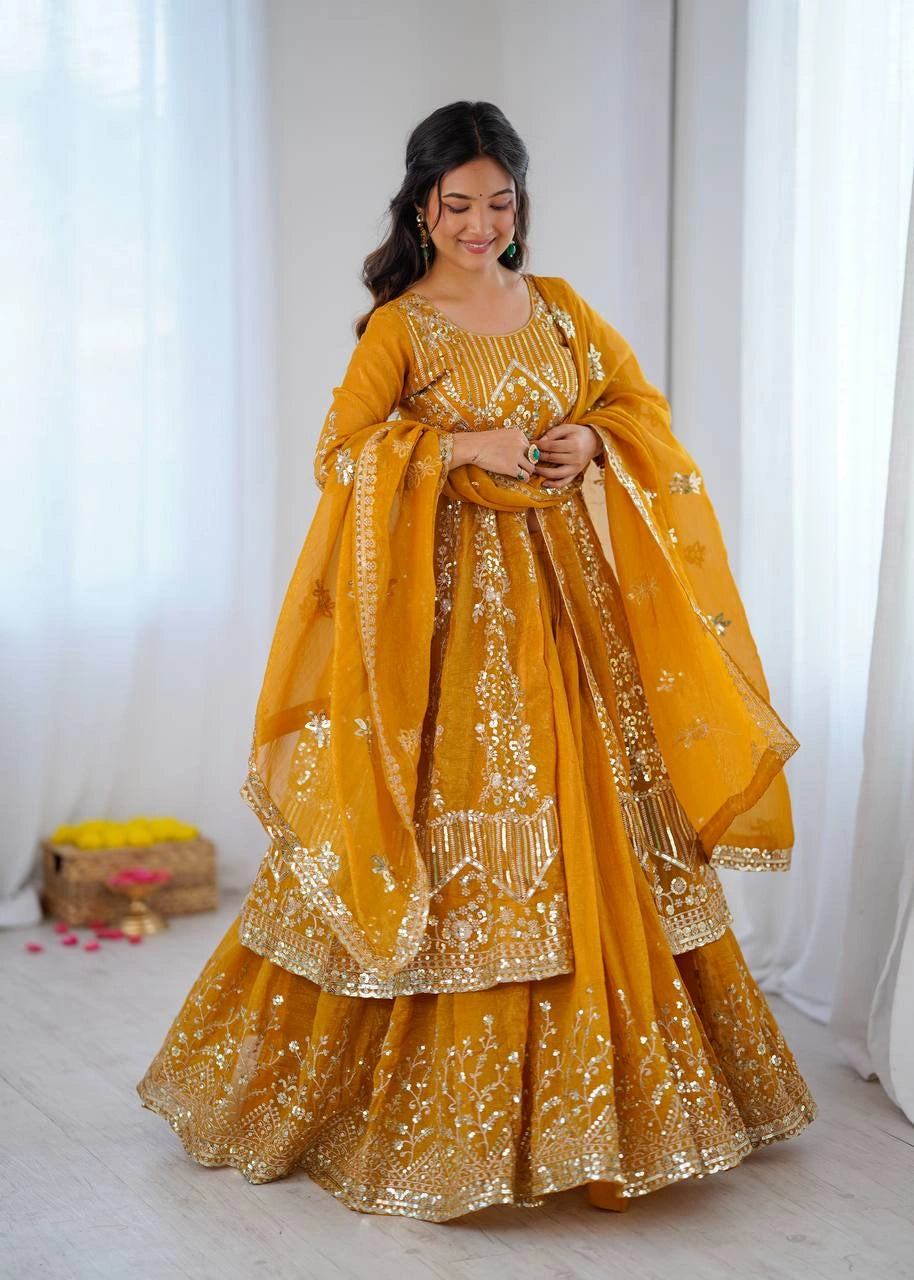 Mustard Yellow Crunchy Silk Blend Lehenga tiered skirt – KL183 Kalyanja