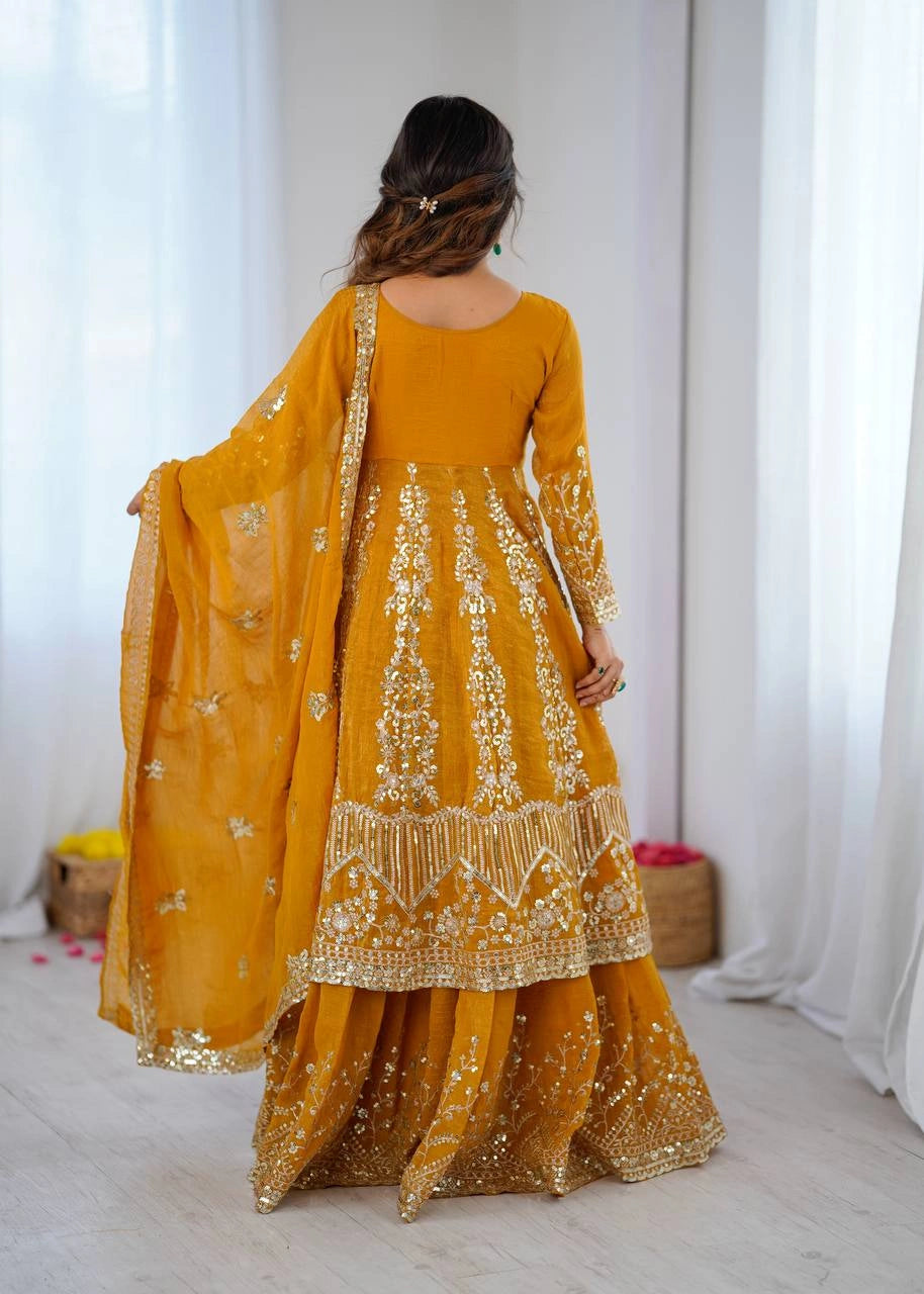 Mustard Yellow Sequins Lehenga back dupatta drape – KL183 Kalyanja