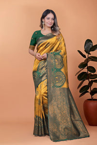 Mustard Yellow Zari Weaving Saree – Banarasi Jacquard Blend Party Wear