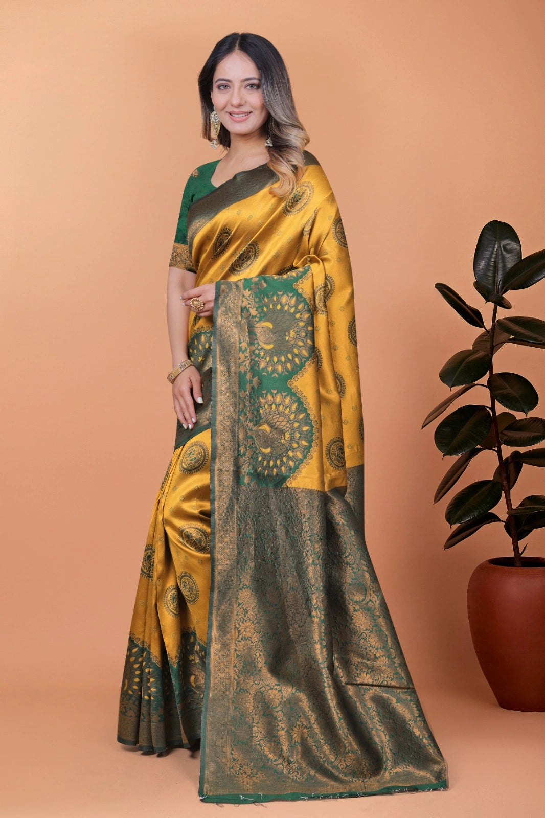 Mustard Yellow Zari Weaving Saree – side view – KS396