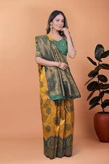 Mustard Yellow Zari Weaving Saree – 3/4 view – KS396