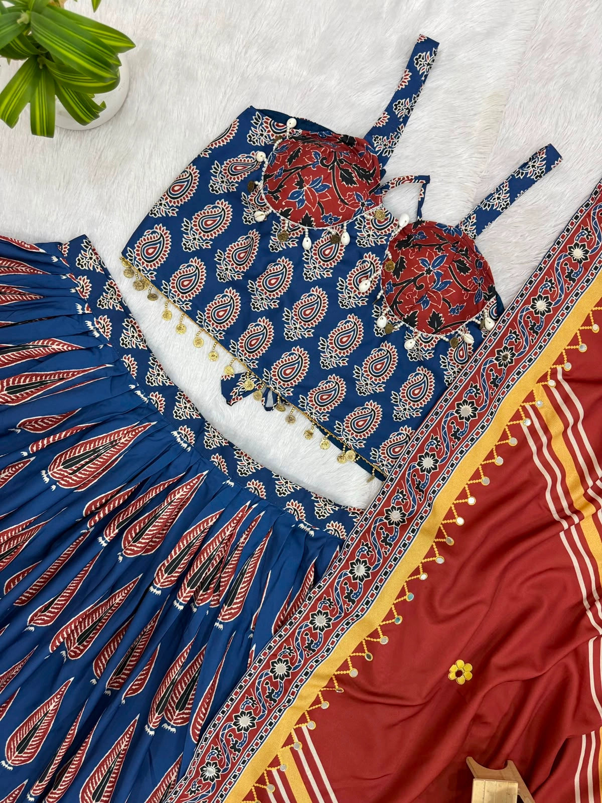 Navy Blue Ajrakh Print Lehenga flat lay complete set – KL181 Kalyanja