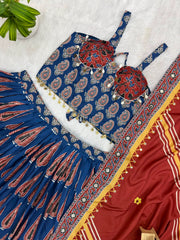 Navy Blue Ajrakh Print Lehenga flat lay complete set – KL181 Kalyanja