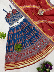Navy Blue Crepe Ajrakh Print Lehenga dupatta detail – KL181 Kalyanja