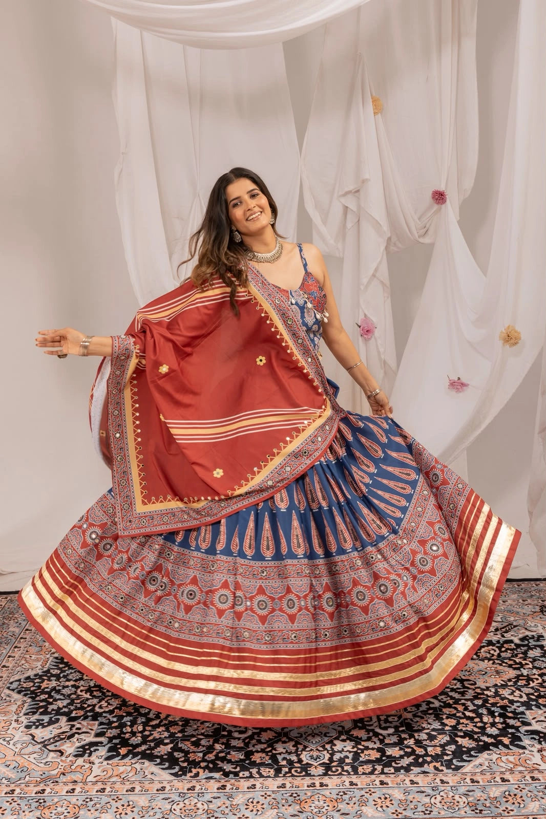 Navy Blue Ajrakh Print Lehenga spinning flair with dupatta – KL181 Kalyanja