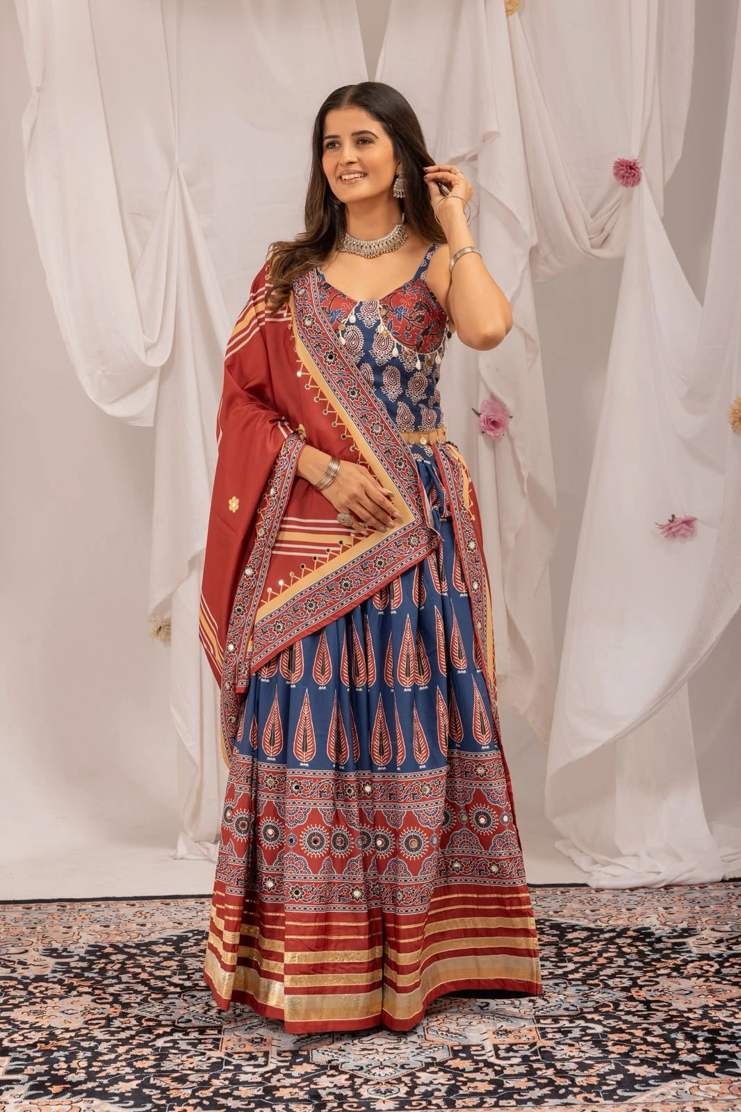 Navy Blue Ajrakh Print Lehenga front standing full length – KL181 Kalyanja