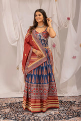 Navy Blue Ajrakh Print Lehenga front standing full length – KL181 Kalyanja