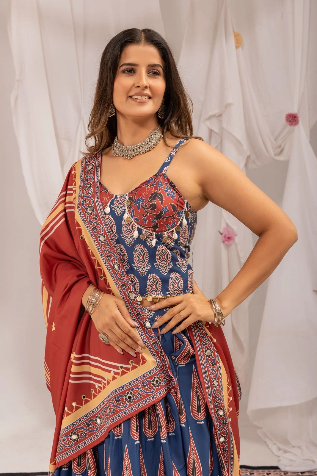 Navy Blue Ajrakh Print Choli close-up with coin mirror work – KL181 Kalyanja