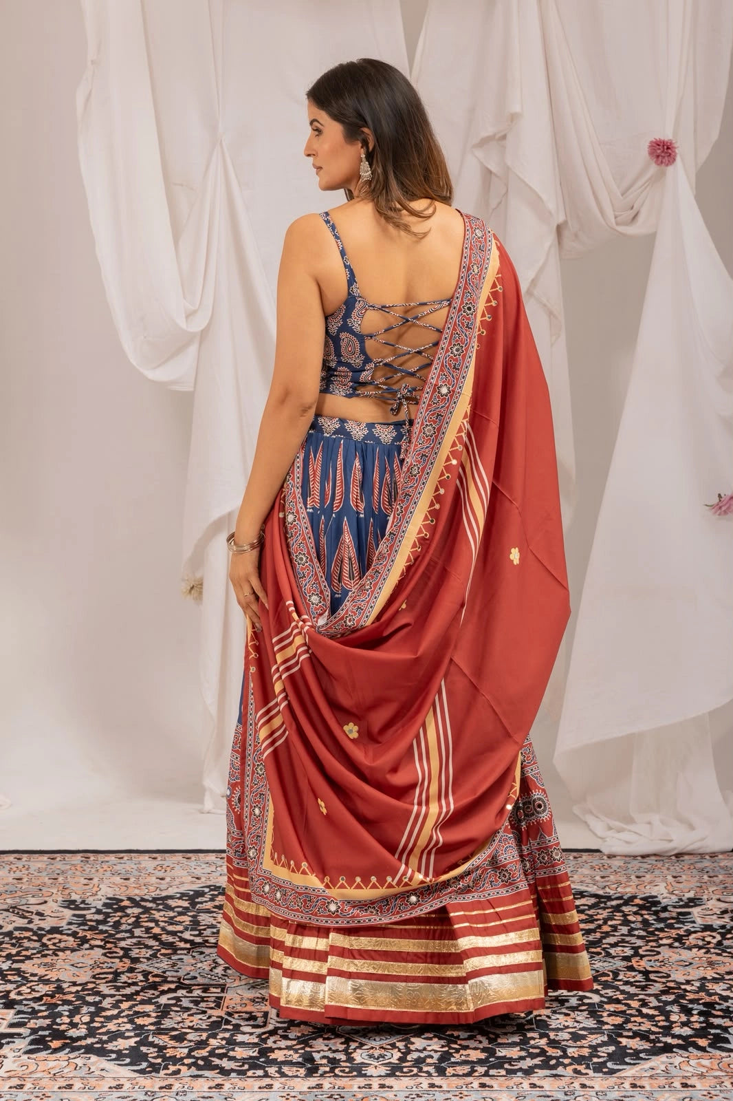 Navy Blue Crepe Ajrakh Lehenga festive model shot – KL181 Kalyanja