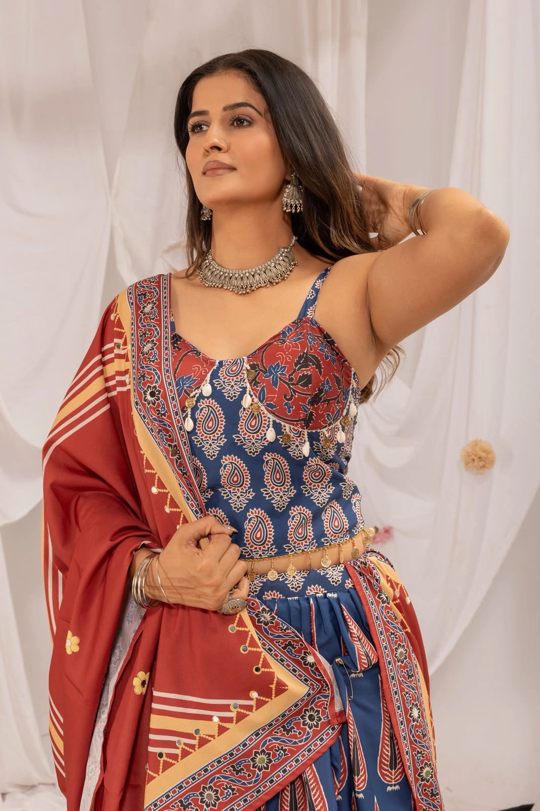 Navy Blue Ajrakh Print Lehenga with rust dupatta drape – KL181 Kalyanja