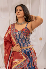 Navy Blue Ajrakh Print Lehenga with rust dupatta drape – KL181 Kalyanja