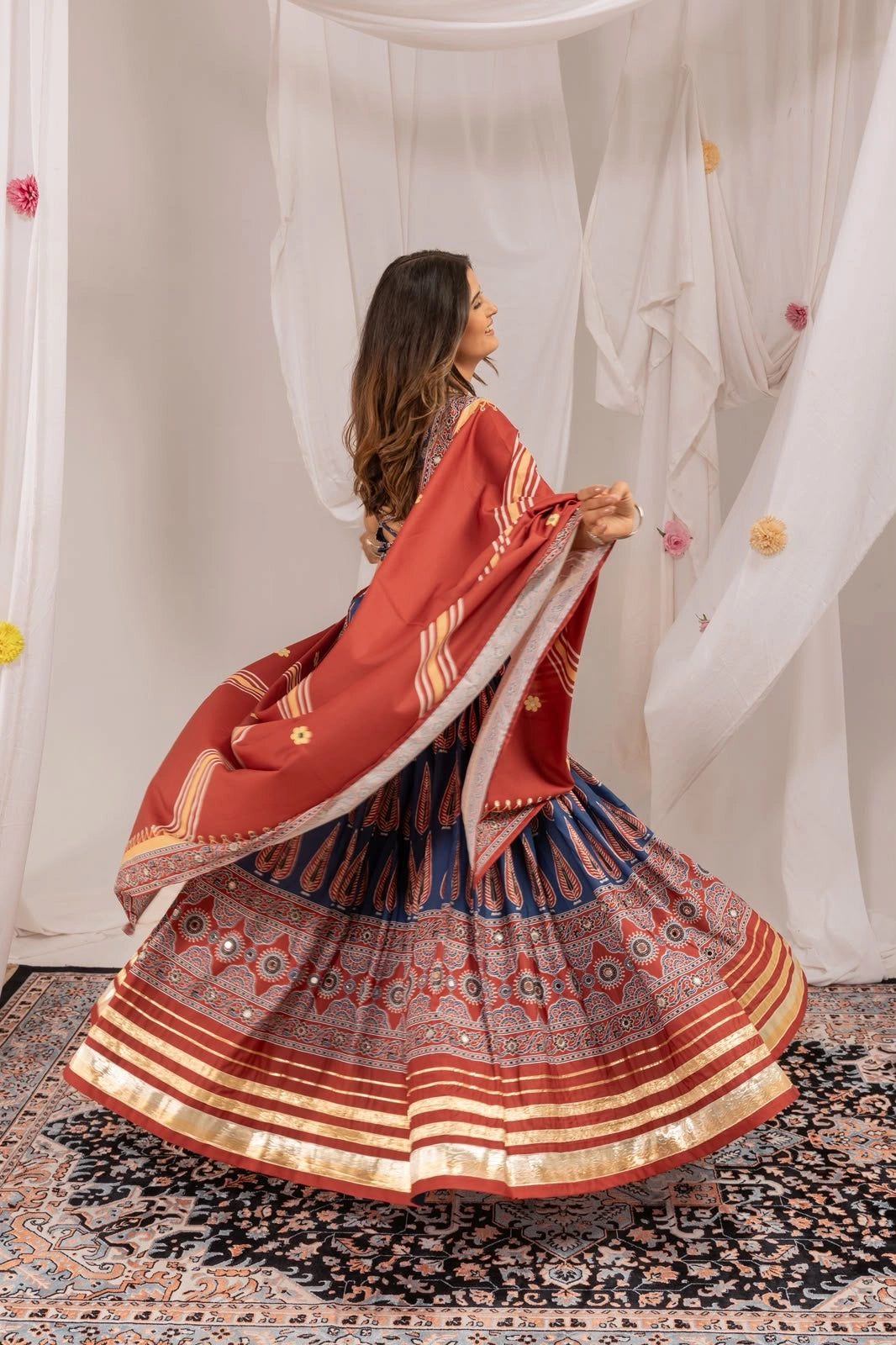 Navy Blue Ajrakh Print Lehenga back spin view skirt detail – KL181 Kalyanja