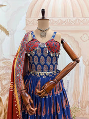 Navy Blue Ajrakh Lehenga choli mannequin close-up detail – KL181 Kalyanja
