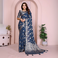 Rama Blue Zari Weaving Soft Georgette Banarasi Silk Saree
