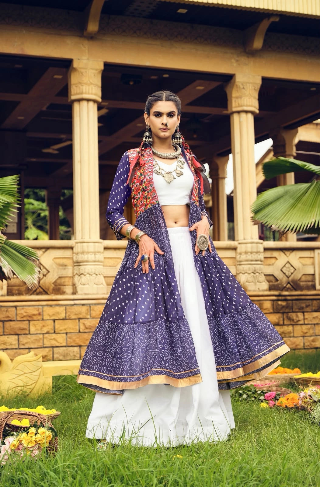 Navy Blue Bandhani Print Lehenga front view gamthi kedia – KL180 Kalyanja