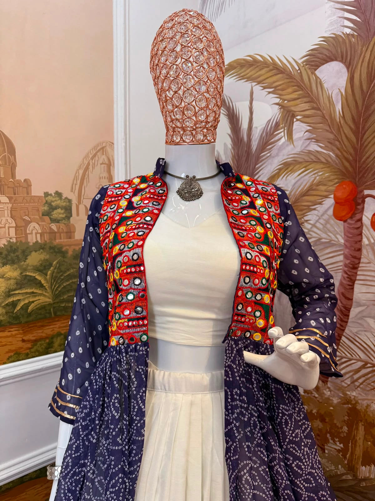 Navy Blue Bandhani Lehenga with white inner palazzo – KL180 Kalyanja