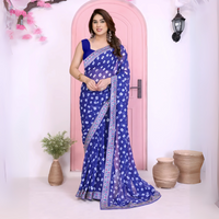 Blue Rajwadi Bandhej Print With Heavy Embroidery Work Georgette Saree