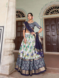 Navy Blue Floral Print Lehenga – Digital Print, Foil Work, Tussar Silk Blend