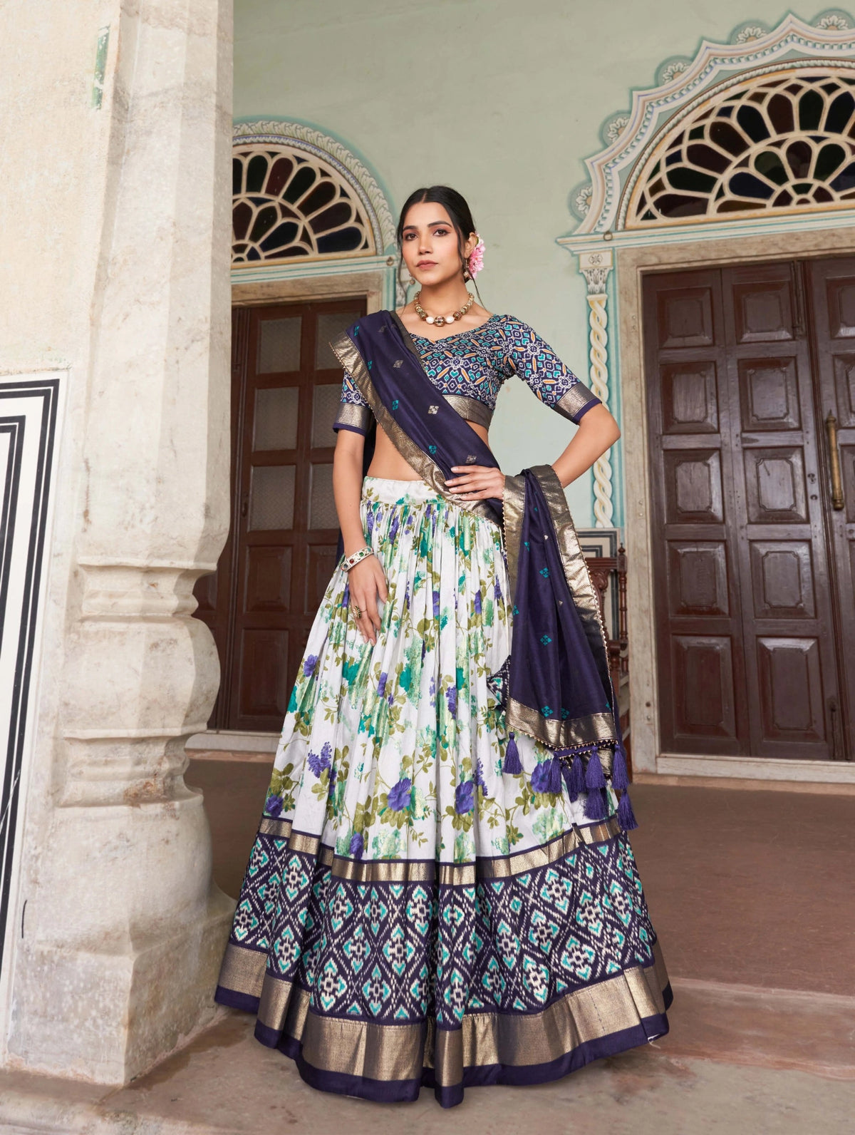 Navy Blue Floral Print Lehenga front view – KL182 Kalyanja