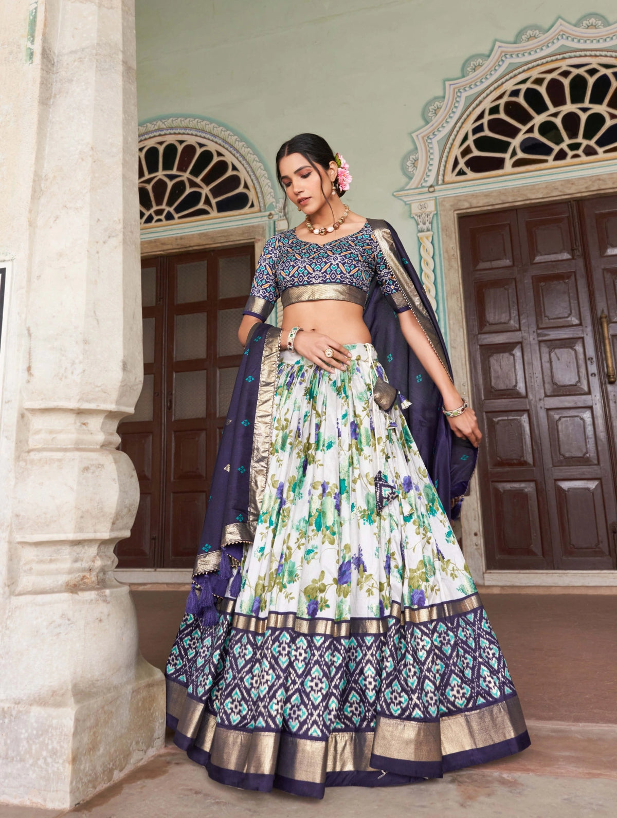 Navy Blue Floral Print Lehenga standing pose – KL182 Kalyanja