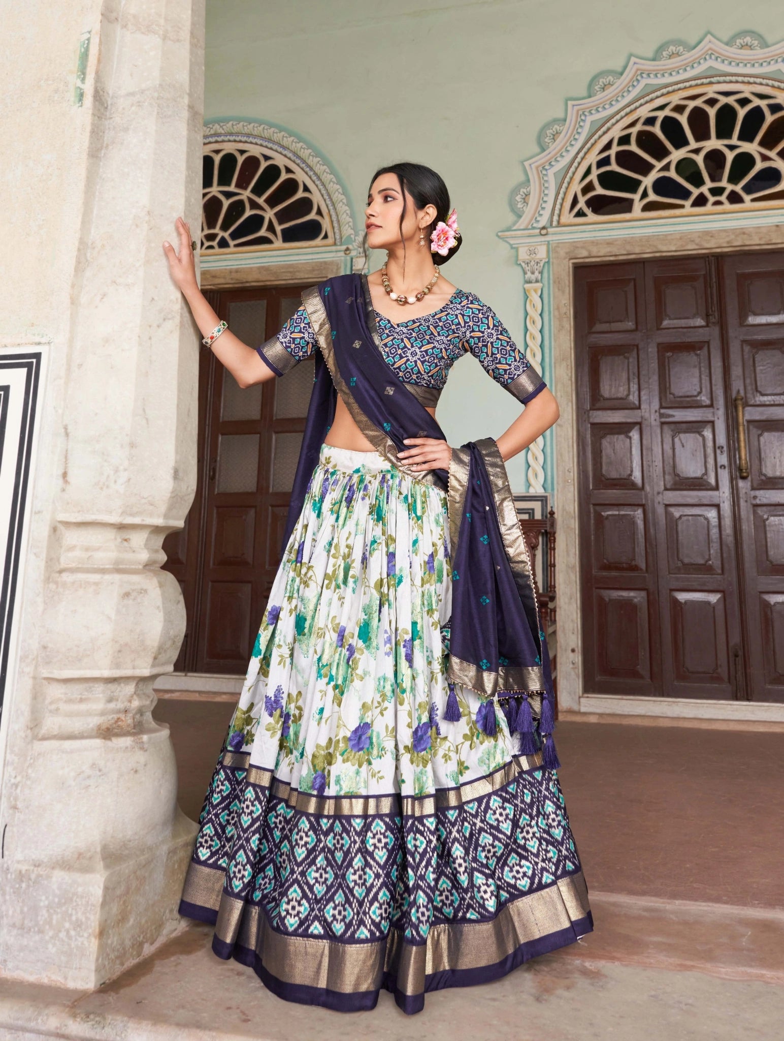 Navy Blue Floral Lehenga dupatta drape – KL182 Kalyanja