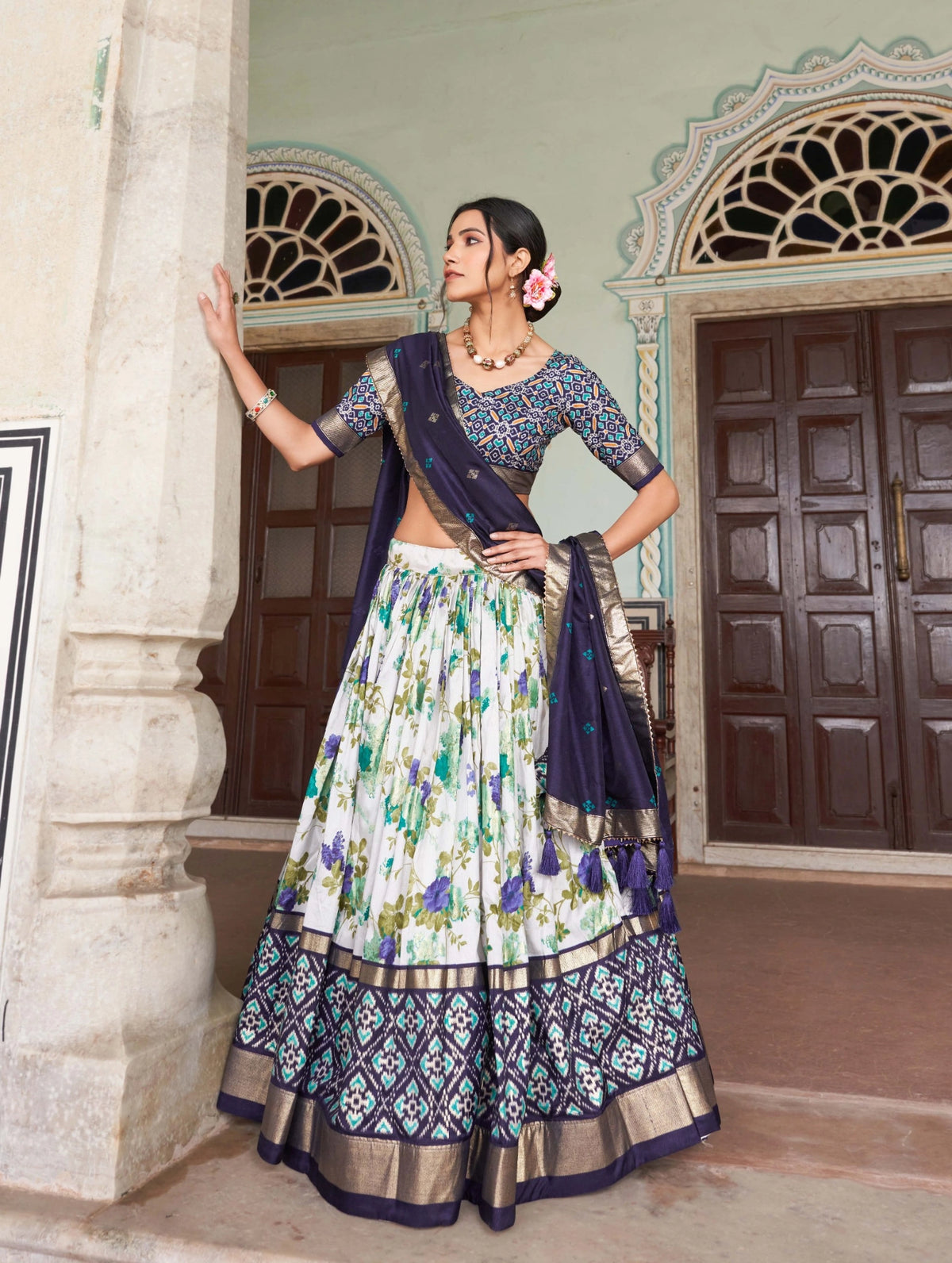 Navy Blue Floral Lehenga dupatta drape – KL182 Kalyanja