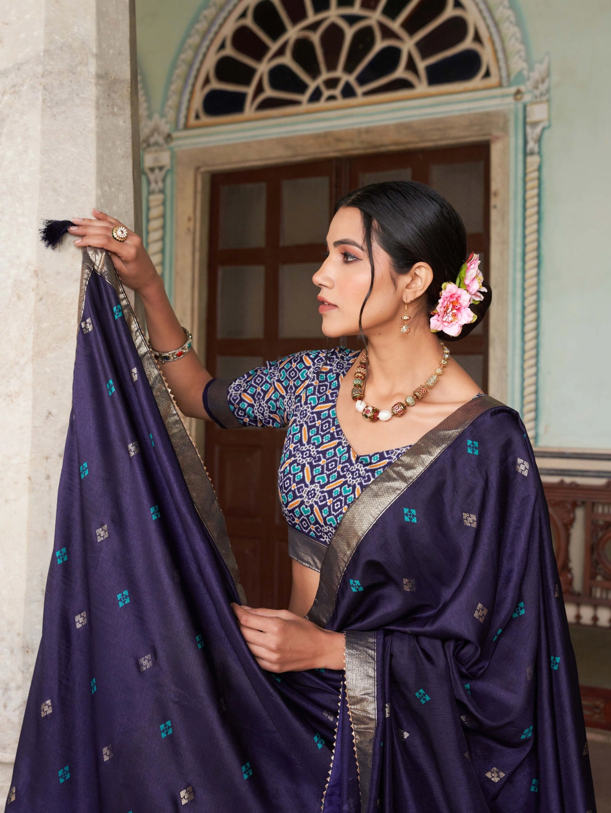 Navy Blue Tussar Silk Floral Print Lehenga full length – KL182 Kalyanja